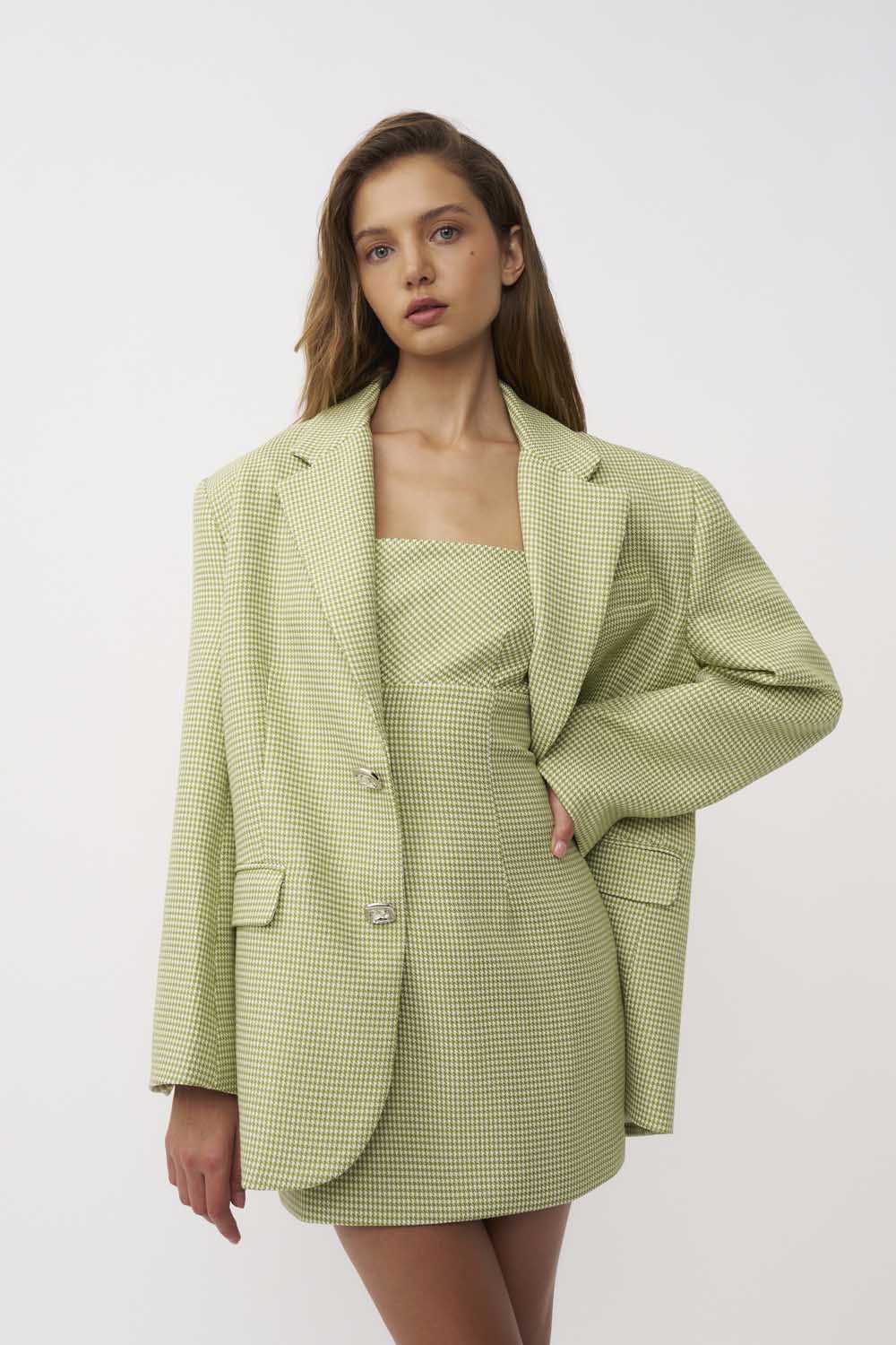Telisa Oversized Tweed Blazer - Green Tweed By Johnny at cloth in brick 03
