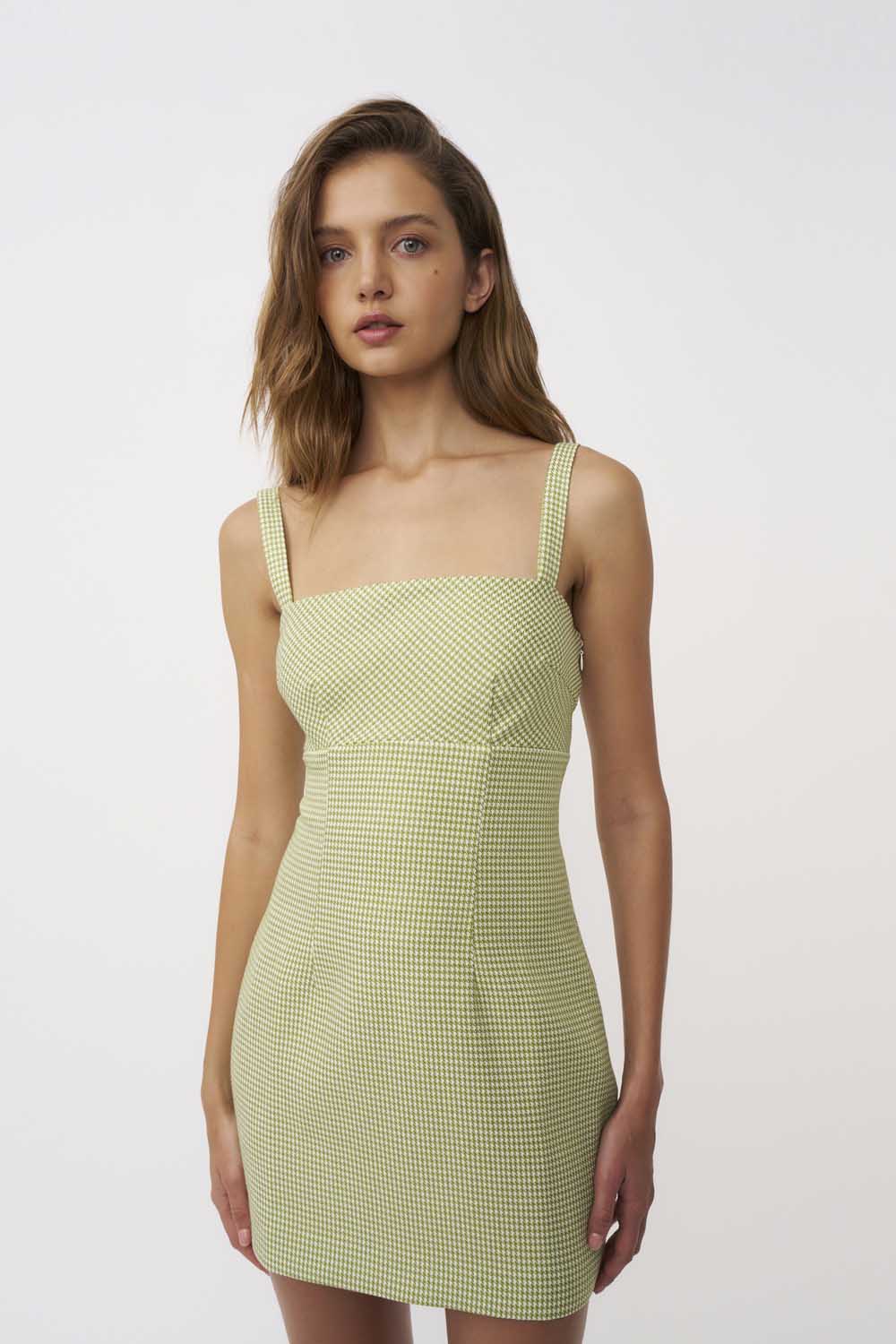 Telisa Tweed Mini Dress - Green Tweed By Johnny at cloth in brick 03