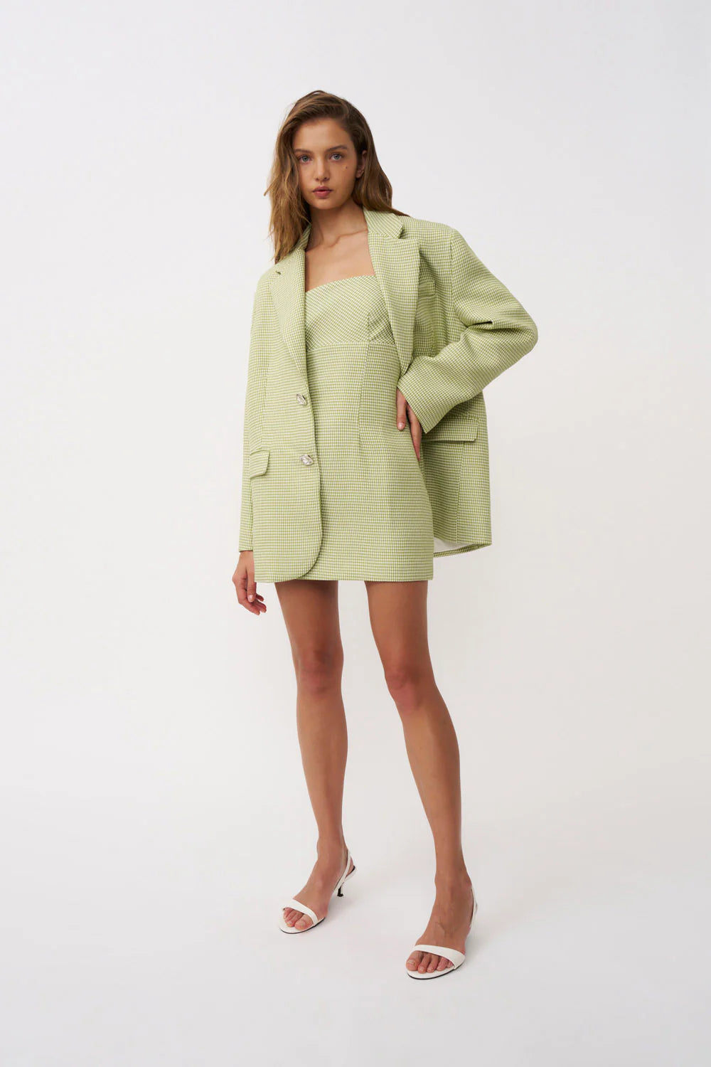 Telisa Tweed Mini Dress - Green Tweed By Johnny at cloth in brick 05