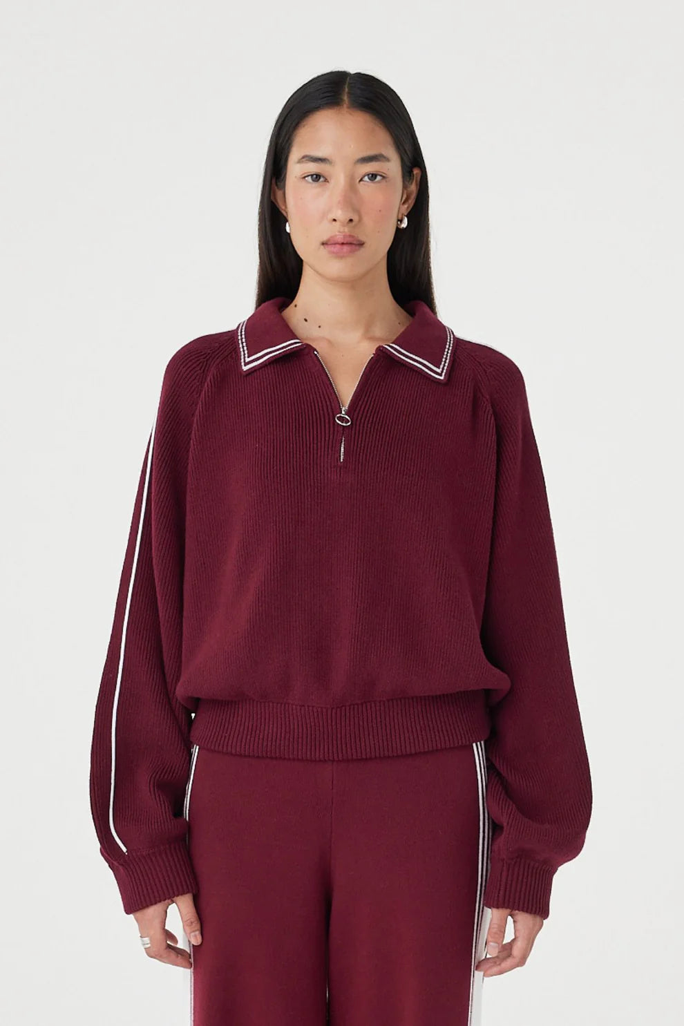 Nella Zip Sweater - Merlot and Cream Arcaa