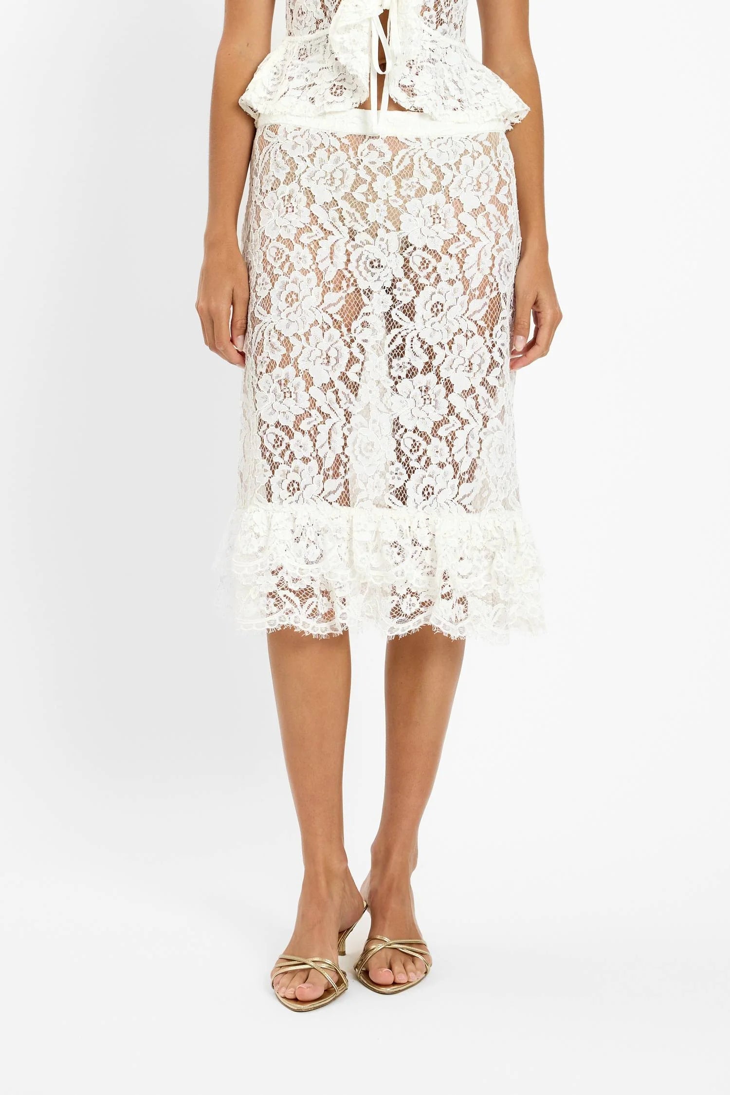 Frill Midi Skirt - White Lace With Harper Lu