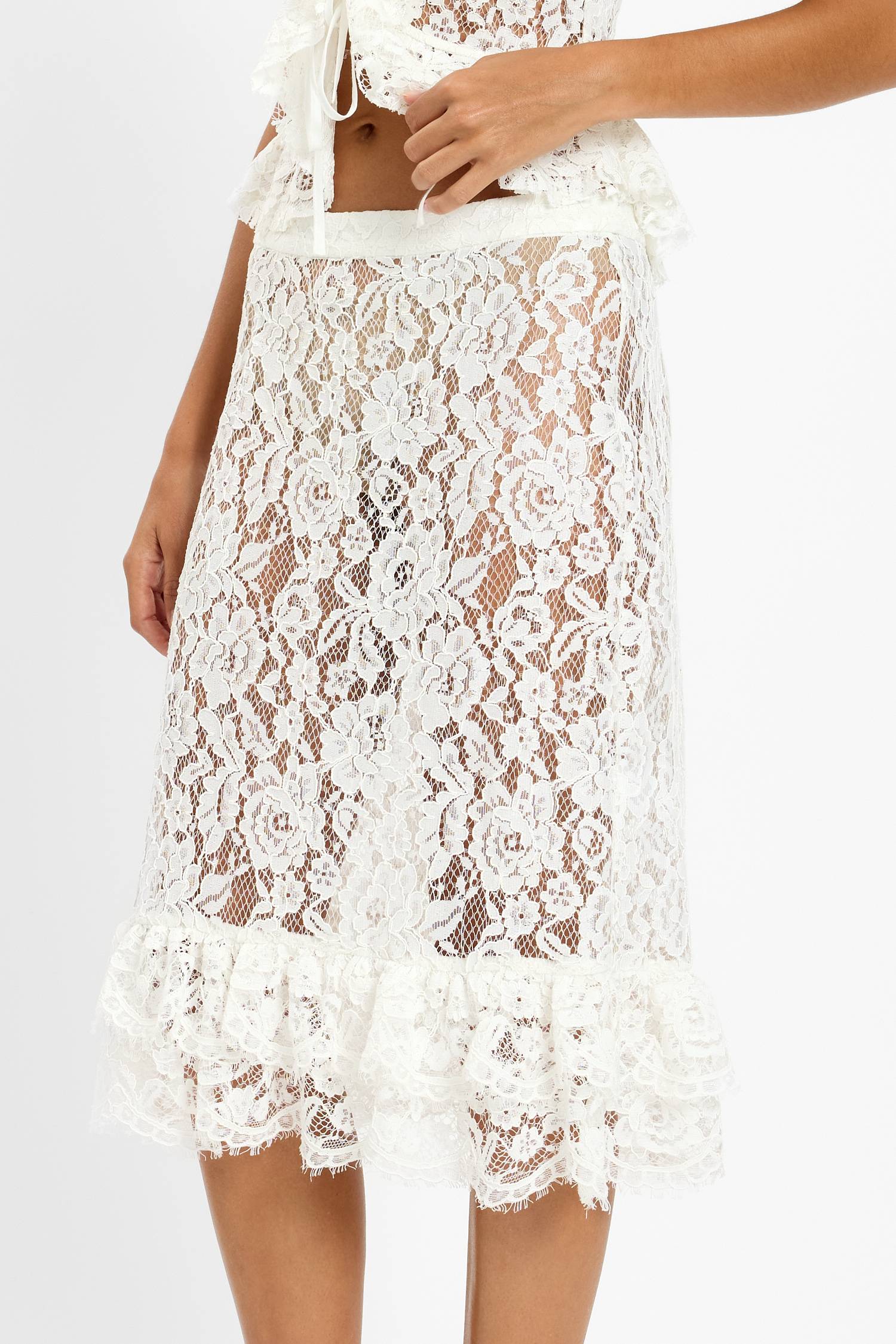 Frill Midi Skirt - White Lace With Harper Lu