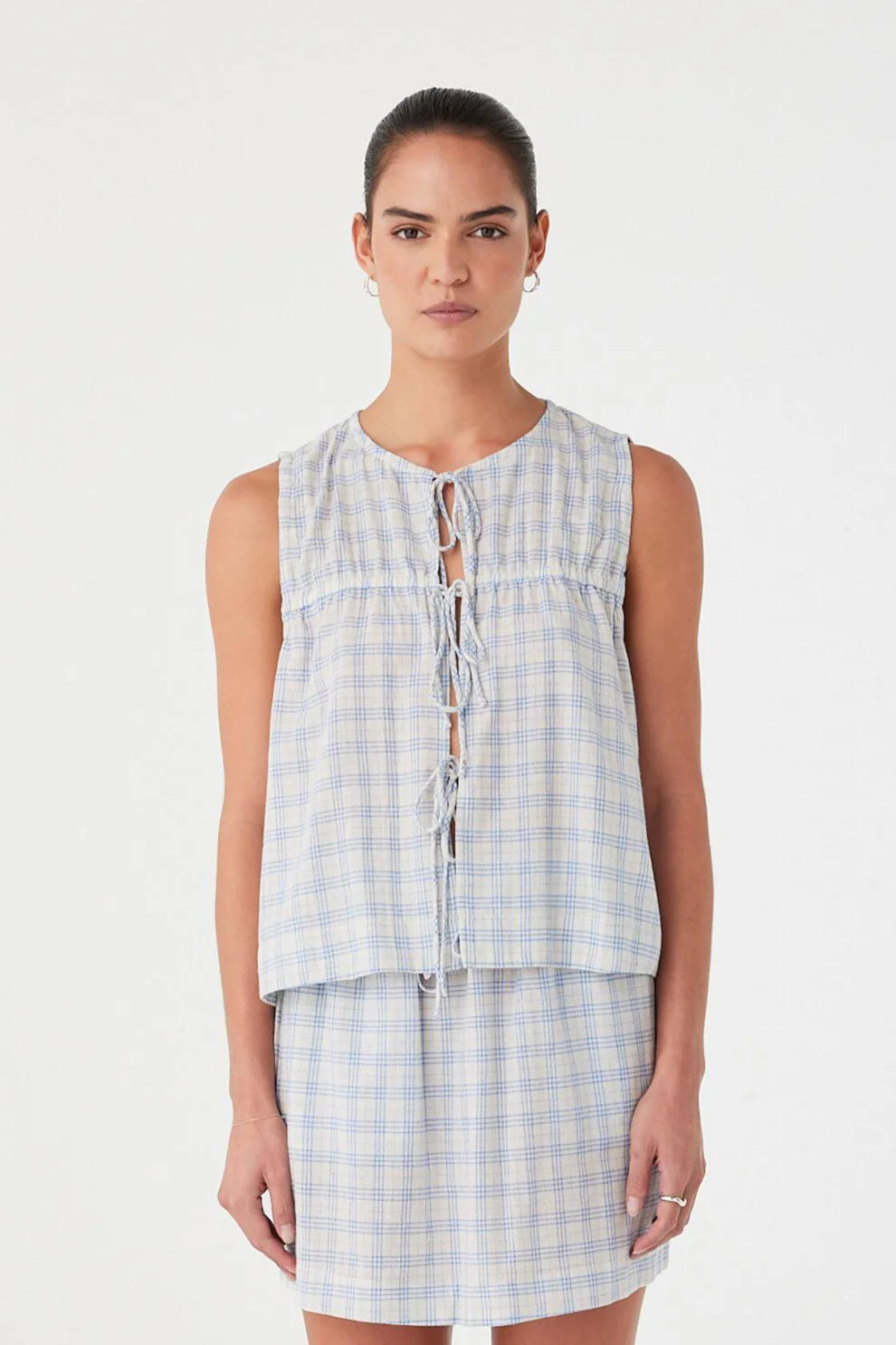 Camille Tie Top - Powder Blue Check Arcaa