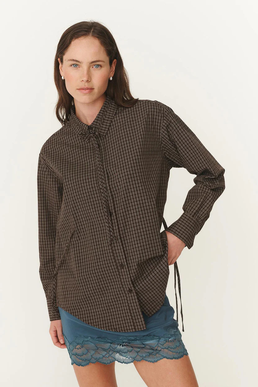 Frankie Tie Long Sleeve Shirt - Cacao Check Rowie