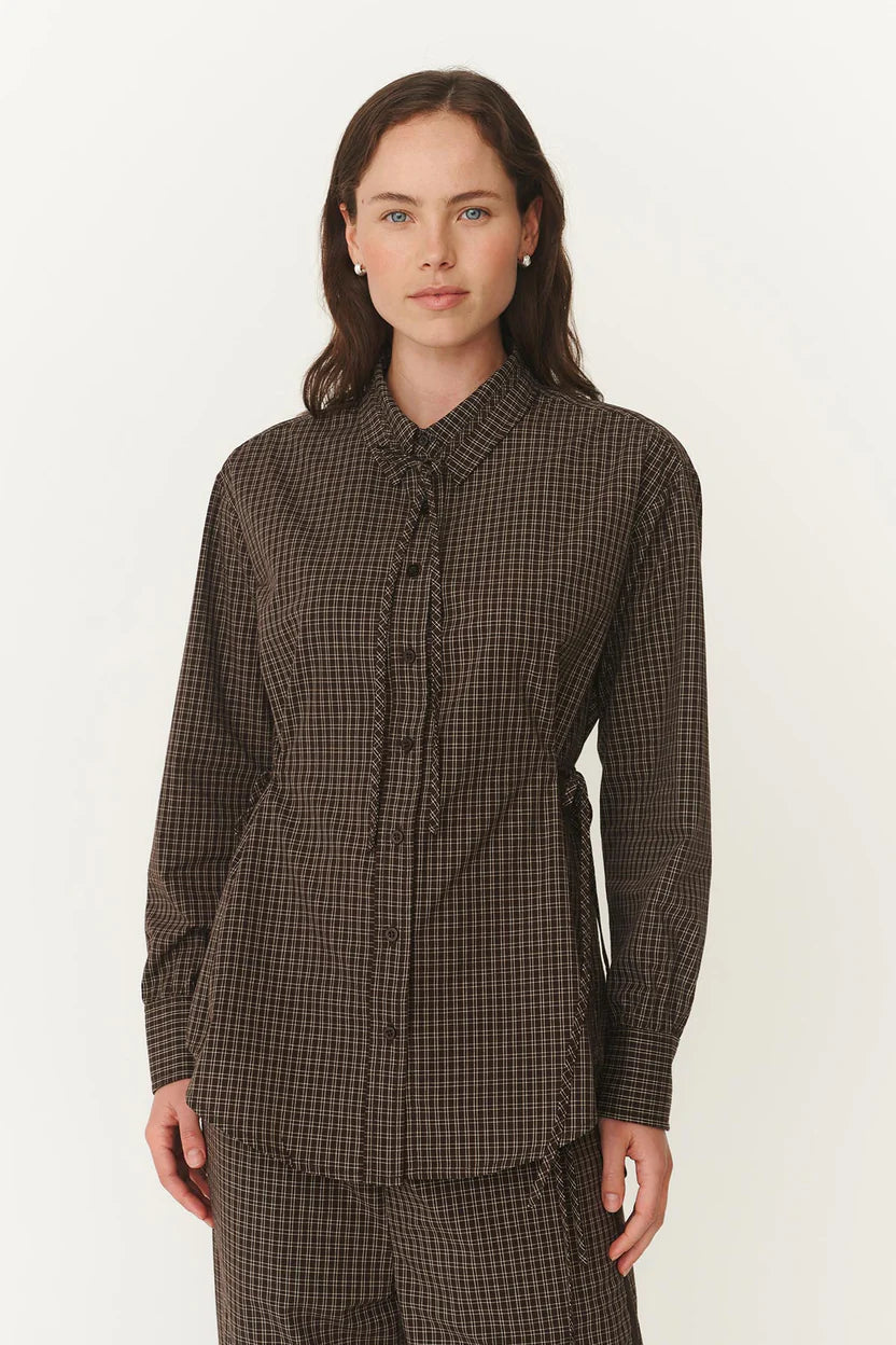 Frankie Tie Long Sleeve Shirt - Cacao Check Rowie