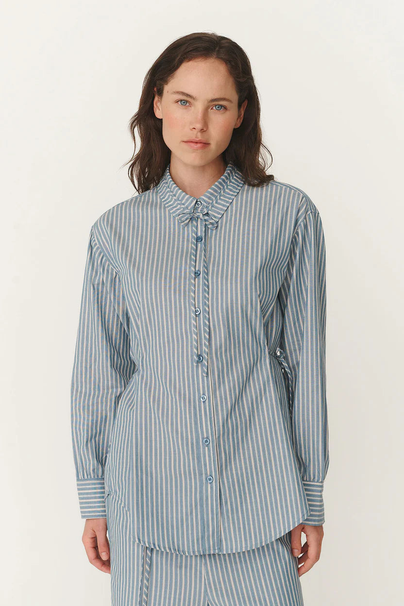 Frankie Tie Long Sleeve Shirt - Dusty Blue Stripe Rowie