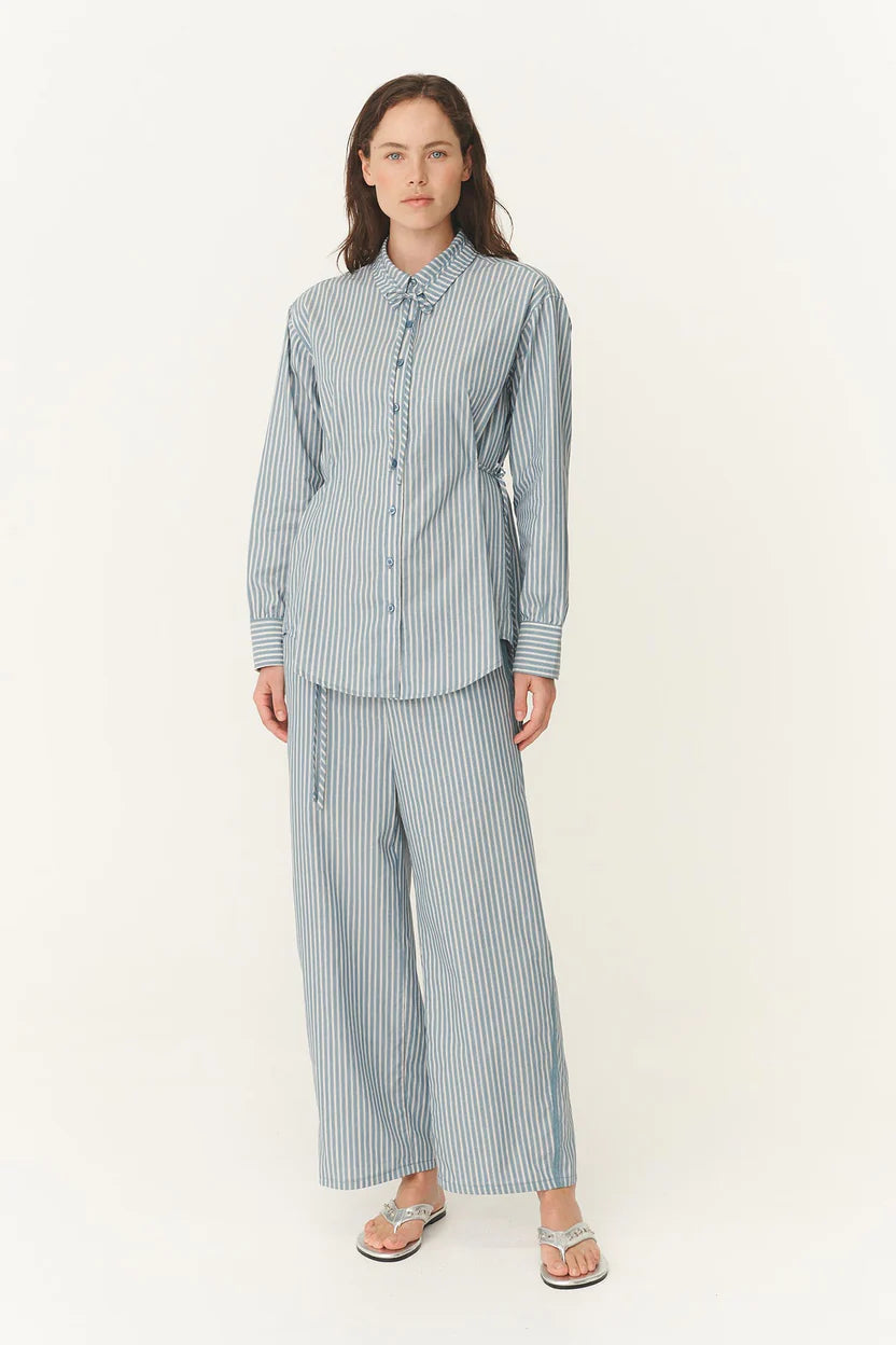 Frankie Tie Long Sleeve Shirt - Dusty Blue Stripe Rowie