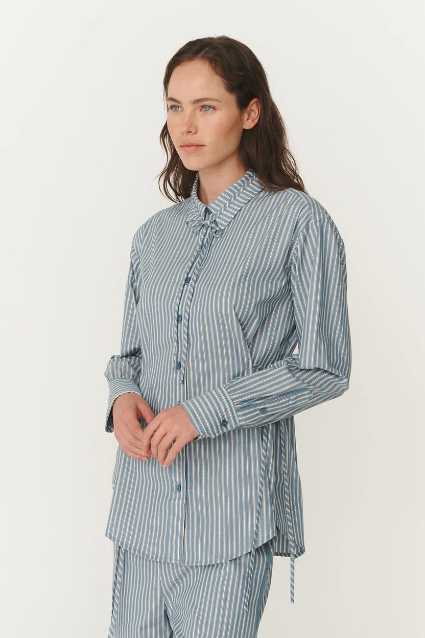 Frankie Tie Long Sleeve Shirt - Dusty Blue Stripe Rowie